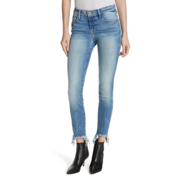 Frame Le Skinny De Jeanne Fray Hem Stiletto Dupont Blue Mid Rise Jeans Size 27 - Picture 1 of 12